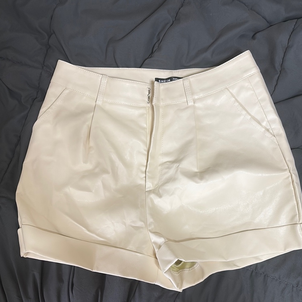 SHEIN Cream High Waist Faux Leather Shorts